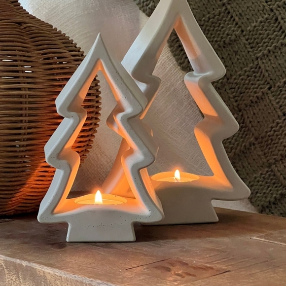 Hand Made White Concrete Christmas Tree Candle Holders - Picture 1 of 6